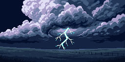 Animated pixel art of lightning over a field